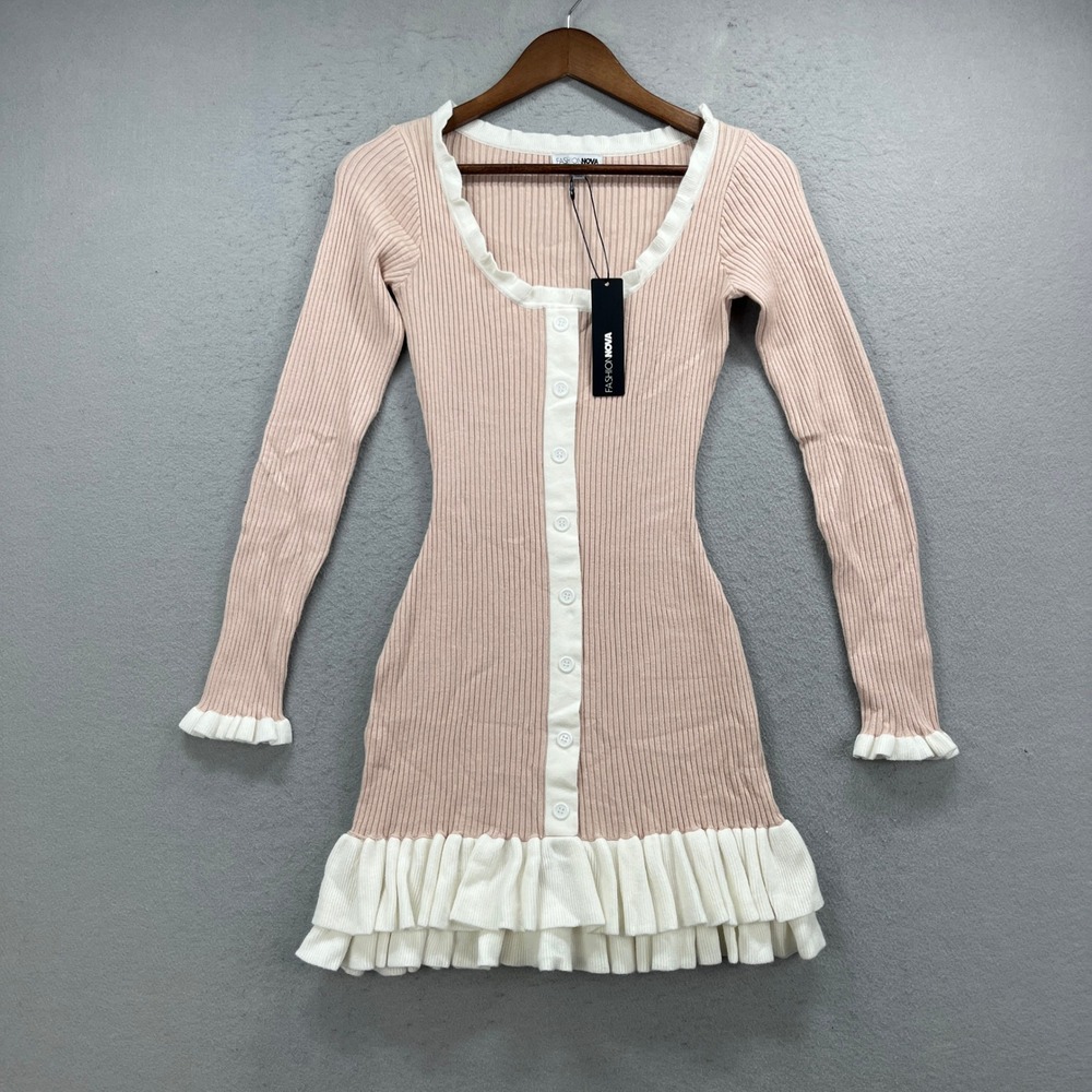 Fashion Nova Sweater Mini Dress Womens M Blush Victoria Ruffled Ribbed Coquette